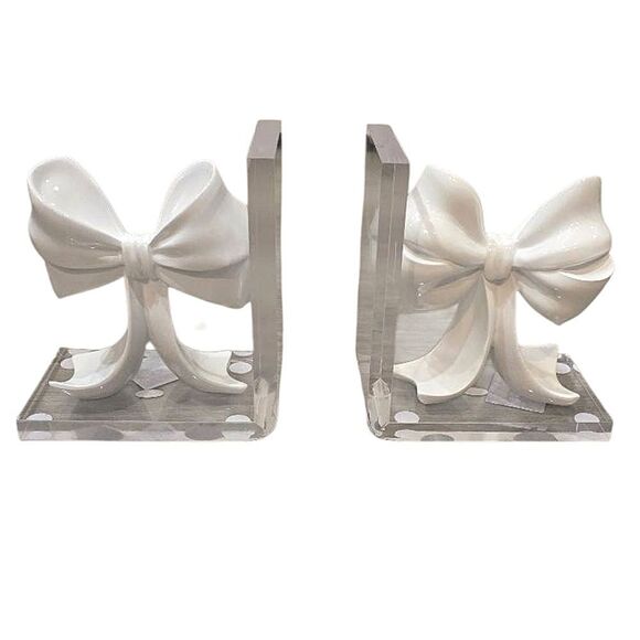At Home Coquette White Bow Acrylic Book End Set - Picture 1 of 6